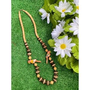 Vintage 70s Tiki Parrot Wood Bead Necklace